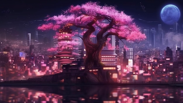 Fantasía noche ciudad paisaje japonés luz de neón edificios residenciales gran árbol de sakura