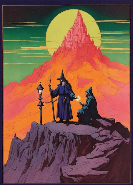 fantasía oscura de los años setenta dos tonos de color tonalidad portada del libro estilo de arte de papel dibujo de mago y un medieval