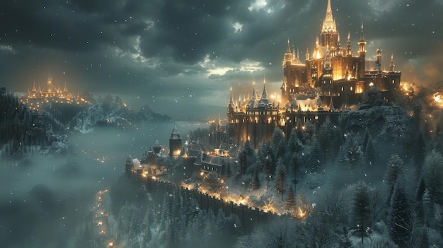 La fantasía de la oscuridad de un castillo oscuro está ilustrada en 3D