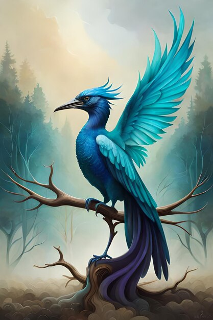 Fantasía pájaro azul está sentado en una rama en la magia