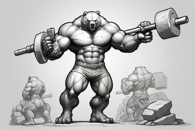 Foto fantasía paquete de seis culturista personaje oso en el gimnasio oso en el levantamiento de pesas