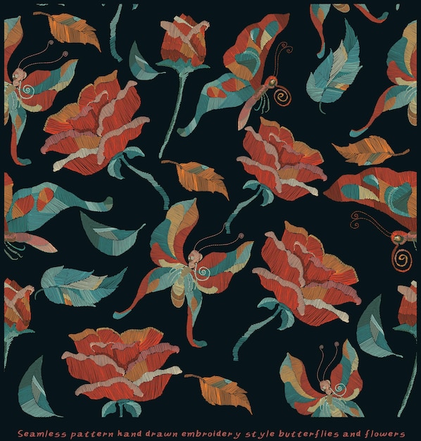 Fantasía de patrones sin costura digital con adornos étnicos Patrones sin costura dibujados a mano mariposas y flores en forma de arte de bordado