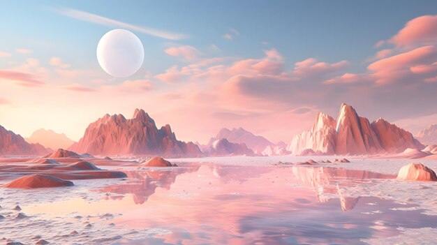 Fantasia planeta paisagem rosa com montanhas nevadas e pôr do sol ilustração 3D