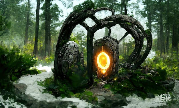 Fantasía Portal mágico de cuento de hadas en el bosque Portal de piedra redonda teletransporte en árboles a otros mundos Fantástico paisaje Altar mágico en el bosque