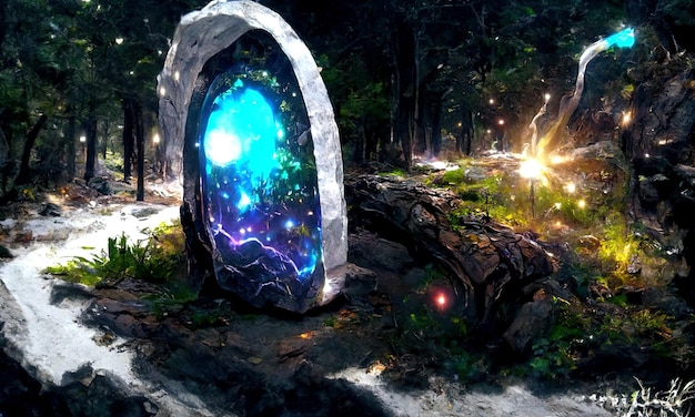 Fantasía Puerta de portal de cuento de hadas de piedra mágica en el bosque Portal de piedra redonda teletransportarse en árboles a otros mundos Paisaje fantástico Altar mágico en el bosque Ilustración 3d