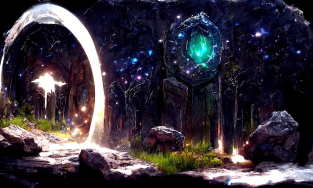 Fantasía Puerta de portal de cuento de hadas de piedra mágica en el bosque Portal de piedra redonda teletransportarse en árboles a otros mundos Paisaje fantástico Altar mágico en el bosque Ilustración 3d