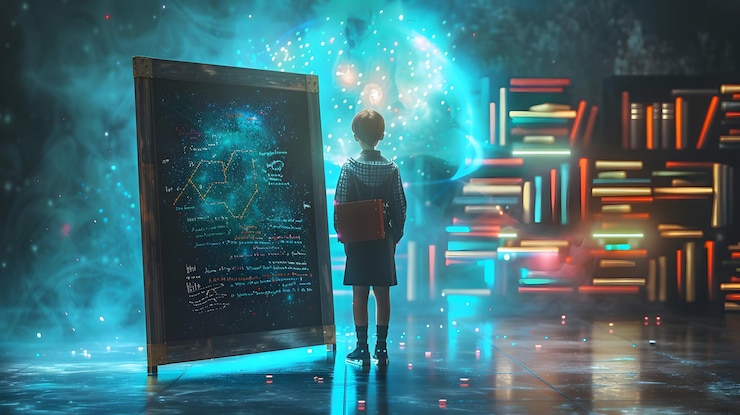 Foto fantasía de regreso a la escuela 3d icono plano maestro con pizarra y libros en enchanted classroom wide