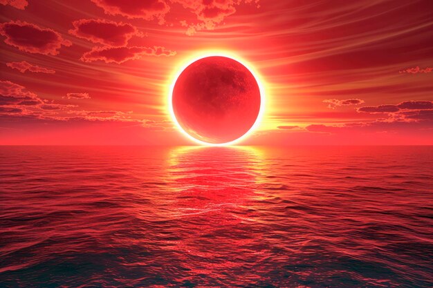 Fantasía roja Eclipse solar sobre el mar
