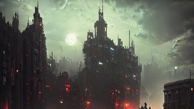 Fantasia sombria cidade cyberpunk do futuro Futurismo enormes edifícios luzes brilhantes da metrópole Cidade da tecnologia crepúsculo ilustração 3d
