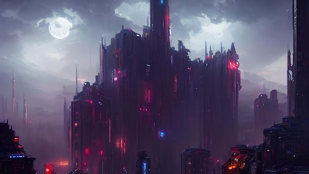 Fantasia sombria cidade cyberpunk do futuro Futurismo enormes edifícios luzes brilhantes da metrópole Cidade da tecnologia crepúsculo ilustração 3d