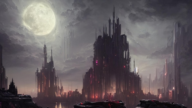 Fantasía sombría ciudad cyberpunk del futuro Futurismo enormes edificios luces brillantes de la metrópolis Ciudad de la tecnología crepúsculo ilustración 3d