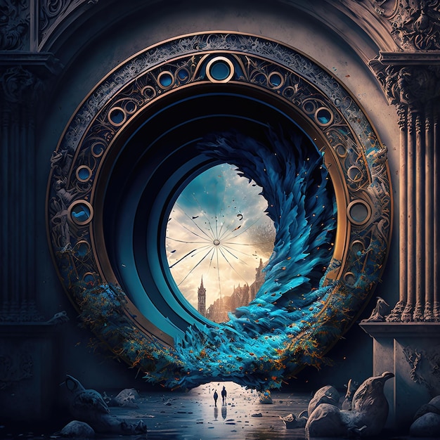 Fantasía temporal majestuoso portal de piedra a otro mundo Portal del tiempo Misterioso paisaje de fantasía reloj de arco redondo noen luz vista nocturna Ilustración 3D