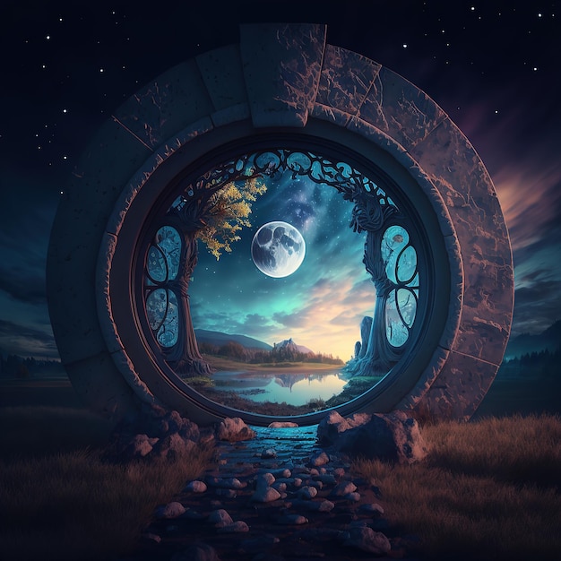 Fantasía temporal majestuoso portal de piedra a otro mundo Time Portal 3D ilustración