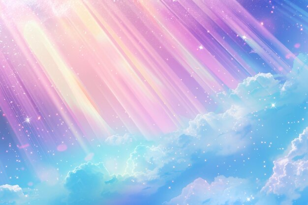 Foto fantasía de unicornio pastel con nubes espumosas y rayos de sol