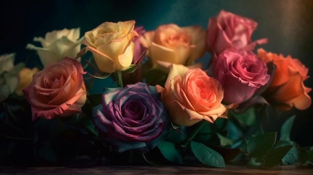 Fantasia Vintage Clássico buquê de rosas coloridas profundas em fundo desfocado Generative AI