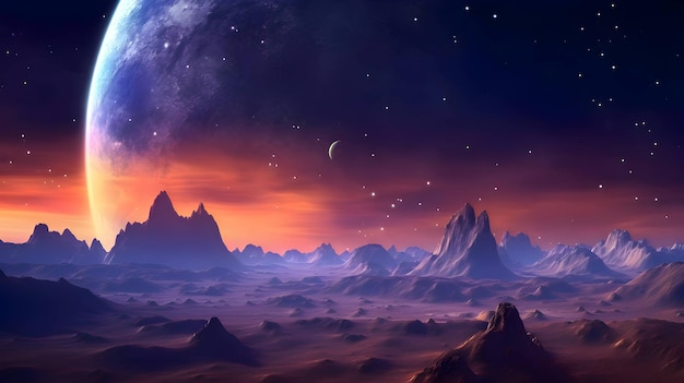 Fantasie-Alien-Planet Berg und See 3D-Illustration