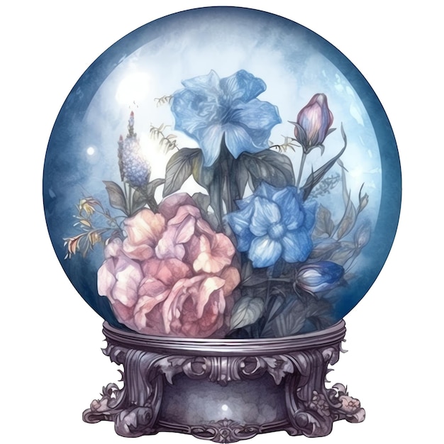 Fantasie-Aquarell-Blumen-blaue Kristallkugel-Illustration