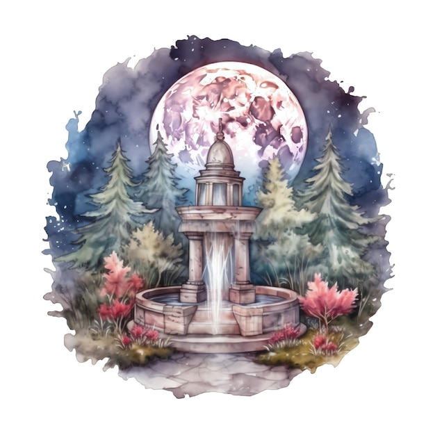 Fantasie-Aquarellbrunnen in der Nachtillustration