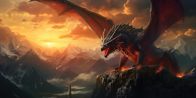 Fantasie-Bild mit einem Drachen in den Bergen bei Sonnenuntergang