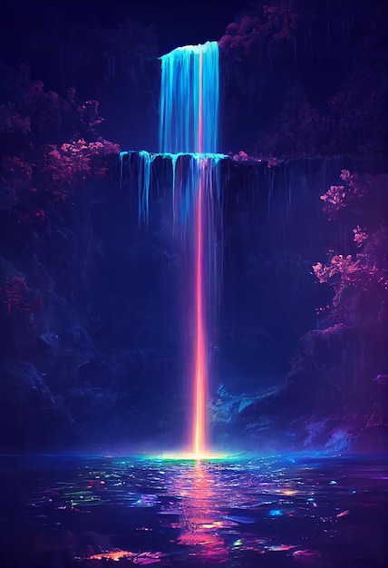 Fantasie des Neonwasserfalls im tiefen Wald Leuchtend bunter Look wie märchenhafte 2D-Illustration