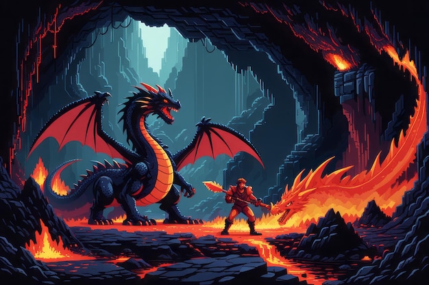 Fantasie Drache und Drache in der Höhle Vektor Cartoon Illustration einer Fantasie Schlacht von einem Dra