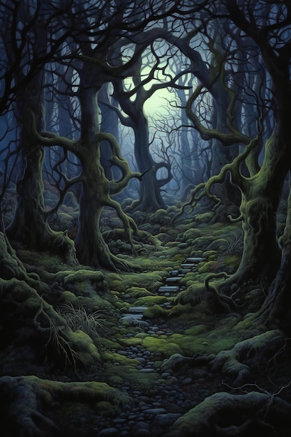Fantasie dunkler Wald mit einem Pfad, der durch ihn führt