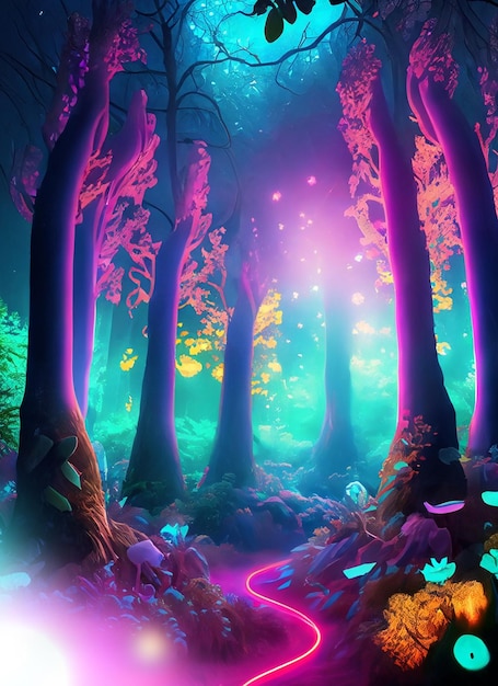 Fantasie eines Neonwaldes, der bunt wie ein Märchen leuchtet