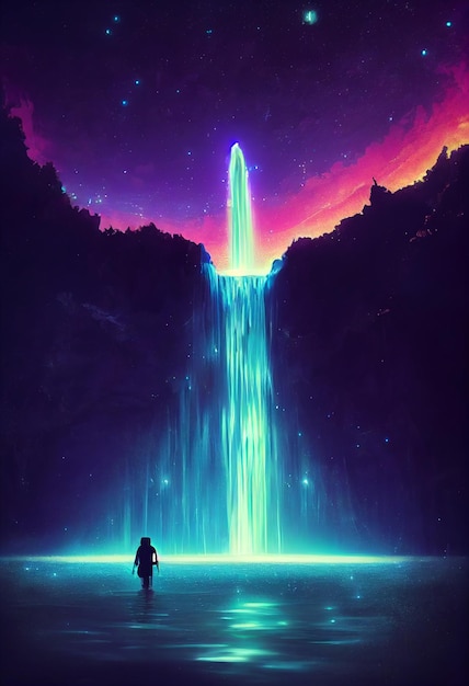 Fantasie eines Neonwasserfalls im tiefen Wald. Leuchtend bunter Look wie im Märchen. 2D-Darstellung.