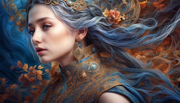 Fantasie-Frau in Blau Porträt eines Märchenmädchens in fließenden blauen Kleidern