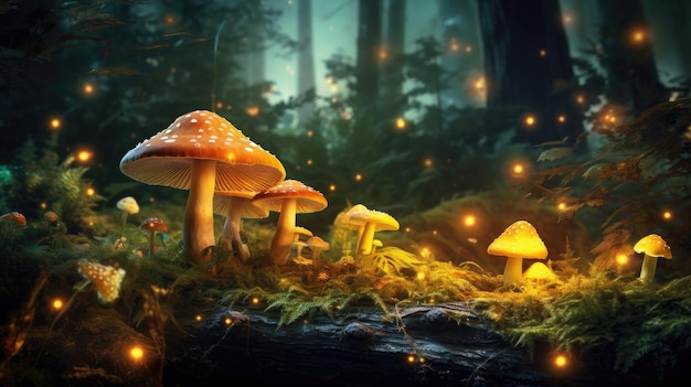 Fantasie glühende Pilze in einer dunklen dunklen Wald Nahaufnahme erstellt mit Generative AI-Technologie