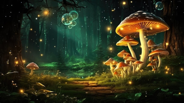 Fantasie glühende Pilze in einer dunklen dunklen Wald Nahaufnahme erstellt mit Generative AI-Technologie