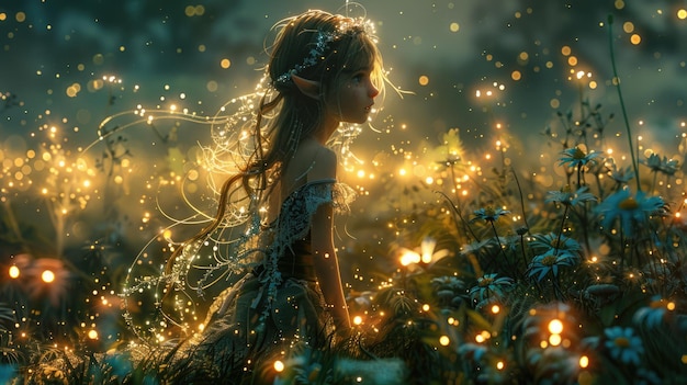 Fantasie-Kunstwerk eines Elfenmädchens in einem mystischen Wald mit glühenden Lichtern