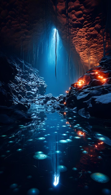 Fantasie-Landschaft einer dunklen Höhle mit einem blauen Licht, das durch sie kommt