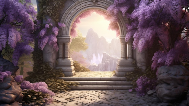 Fantasie-Landschaft eines märchenhaften Gartens mit einem Stein