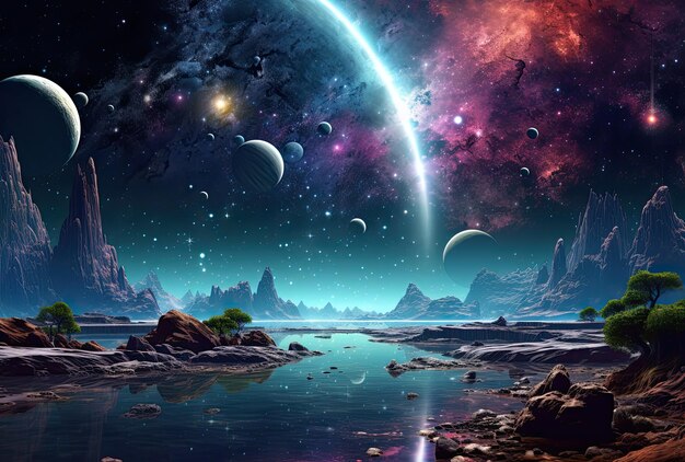 Foto fantasie-landschaft mit außerirdischem planeten und see vektor-cartoon-illustration