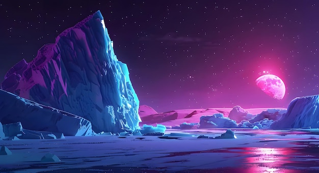 Fantasie-Landschaft mit Eisbergen und Planeten