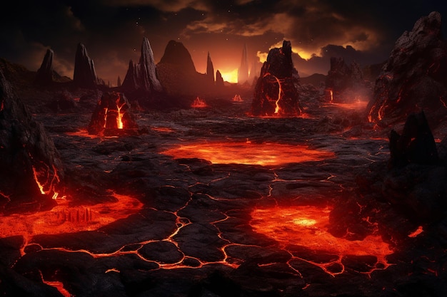 Foto fantasie-landschaft mit lava und magischem portal