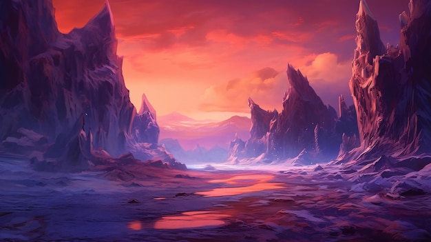 Fantasie-Landschaft mit sandigen Gletschern und lila Schrei-Vektor-Illustration