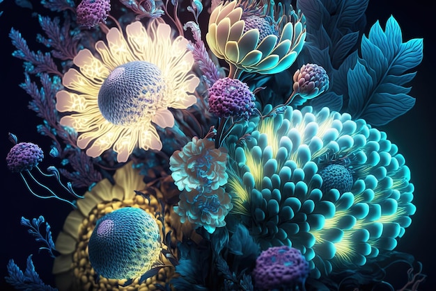 Fantasie leuchtende Blumen in der Nacht schöner floraler Hintergrund generative AI