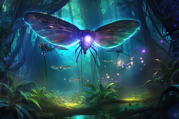 Fantasie Leuchtendes Insekt mit ätherischen Flügeln Flüsterfliegen in einem Reich voller biolumineszierender Flora und Fauna, Illustration generativer KI