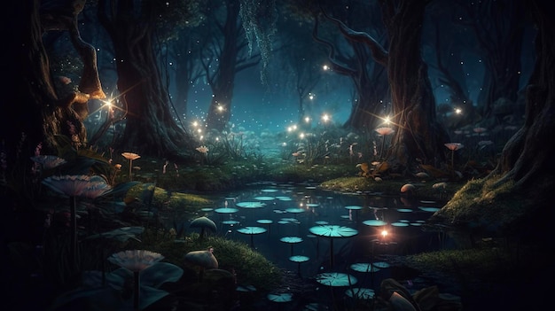 Fantasie magisch verzauberte Märchenlandschaft, fabelhafter Märchengarten, geheimnisvoller Hintergrund und leuchtend in der Nacht. Magische Fantasie-Märchenlandschaft, Nacht in einem Wald, erzeugt KI