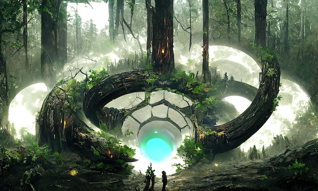 Fantasie Magisches Märchenportal im Wald Rundes Steinportal teleportiert sich in Bäumen zu anderen Welten Fantastische Landschaft Magischer Altar im Wald