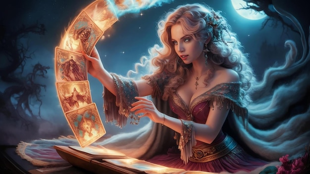 Fantasie schönes Zigeuner-Mädchen Wahrsagerin Frau, die die Zukunft auf magischen Tarotkarten liest