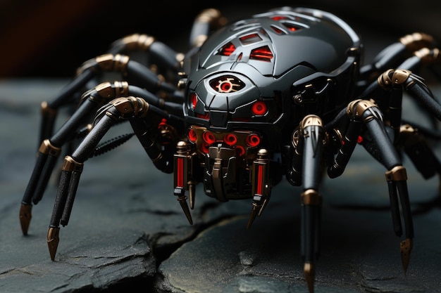 Fantasie Spinne auf schwarzem Hintergrund 3D-Illustration 3D-Rendering genetisch modifizierte Roboter schwarze Spinne KI generiert