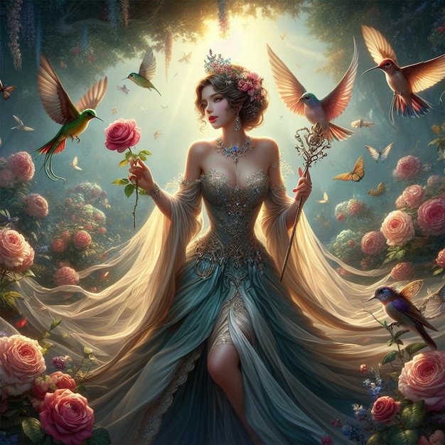 Fantasie-Szene mit wunderschöner Meerjungfrau und Drache im Dschungel Fantasie-Zene mit Feen und Brunnen