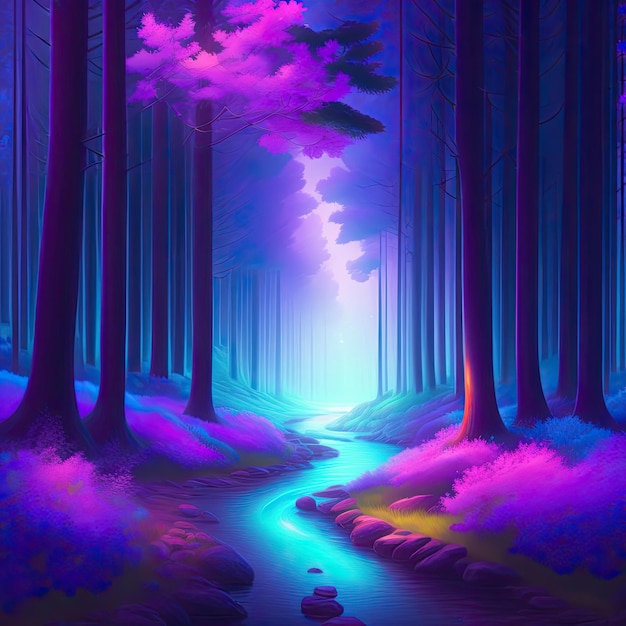 Fantasie und Märchen magischer Wald mit lila und cyan Licht Beleuchtung Pfad Digitale Malerei l