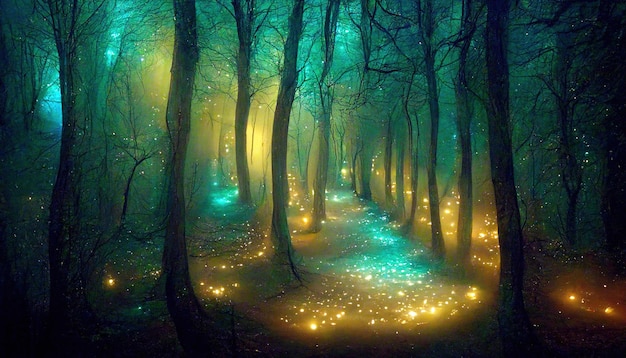Fantasie- und märchenhafter Zauberwald mit violettem und cyanfarbenem Lichtweg