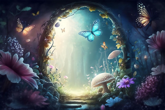 Fantasie verzauberte Märchenwald mit magischer geheimen Tür Digitale Illustration generierte KI