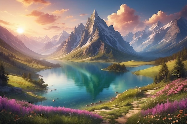 Fantasie von Bergtal mit See perfekte Frühlingssonnenuntergang Landschaft epischer Berg