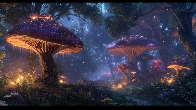 Fantasie-Wald mit leuchtenden riesigen Pilzen glänzend